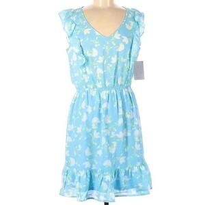 Collective Concepts Mini Dress Blue‎ Floral Print Ruffled Sz S V Neck
